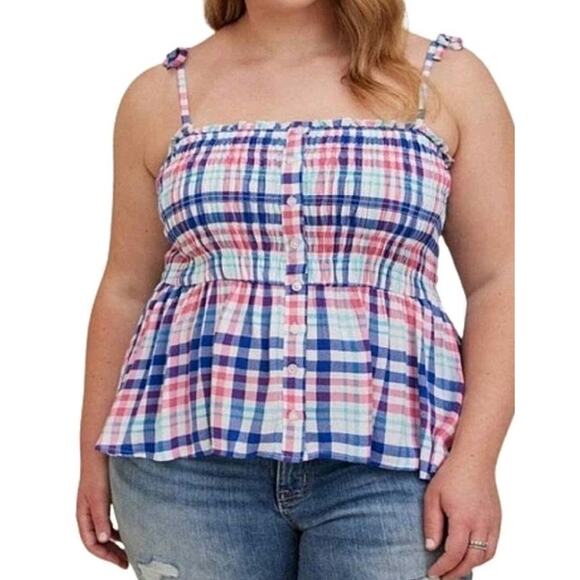 Torrid Plaid Gauze Smocked Babydoll Top 0X Button Front EUC #AltGirl #Grunge - Picture 1 of 9